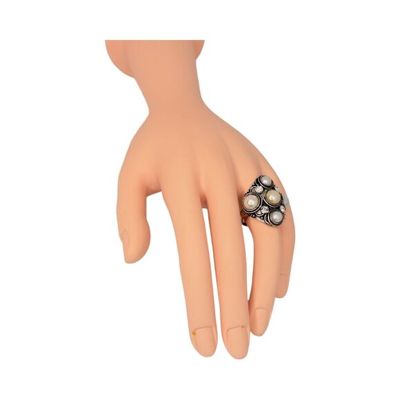 Vintage White Pearl Rhinestone Cocktail Ring Sz 6.5 Antiqued Finish Adjustable - Picture 13 of 16